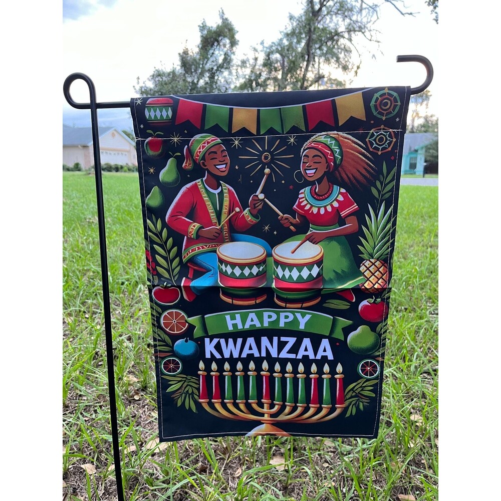 Kwanzaa Celebration Garden Flag - African Drummers & Fruits Design, 12x18 Inch